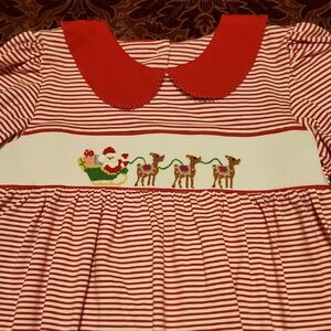 NWT Red and White Striped Dress with Smocked Santa and Reindeer, 8